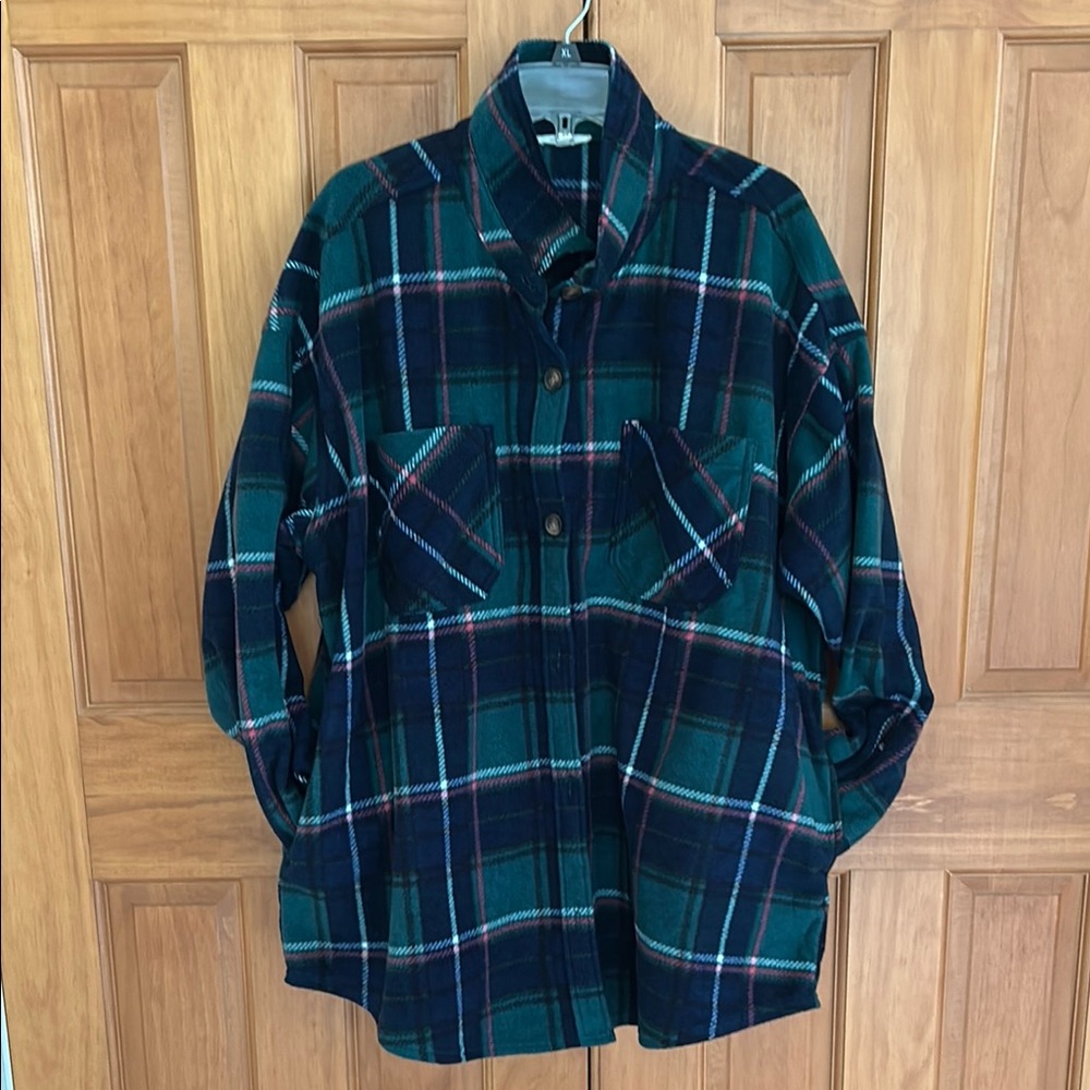 Plaid Button-Up Shirt in Green and Blue